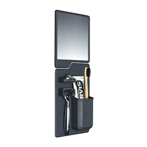 The Harvey & Oliver Set (Charcoal) Silicone Toothbrush, Toothpaste and Razor Holder Plus Fog Resistant Shower Mirror. Grips to Shiny Surfaces. No Suction Cups.No adhesives. No Hardware Required.