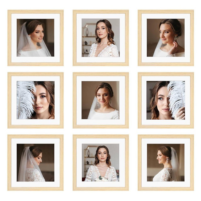 BSRHOME 10x10 Picture Frame Set of 9, Display Pictures 8x8 with Mat or 10x10 without Mat, Multi Collage Gallery Square Photo Frames for Wall or Tabletop, Natural Wood