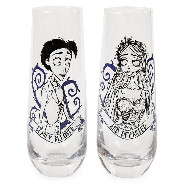 Silver Buffalo Tim Burton's Corpse Bride Dearly Beloved 9-Ounce Stemless Fluted Glassware, Set of 2 | Toasting Champagne Glass Cups For Wine, Mimosas, Cocktails