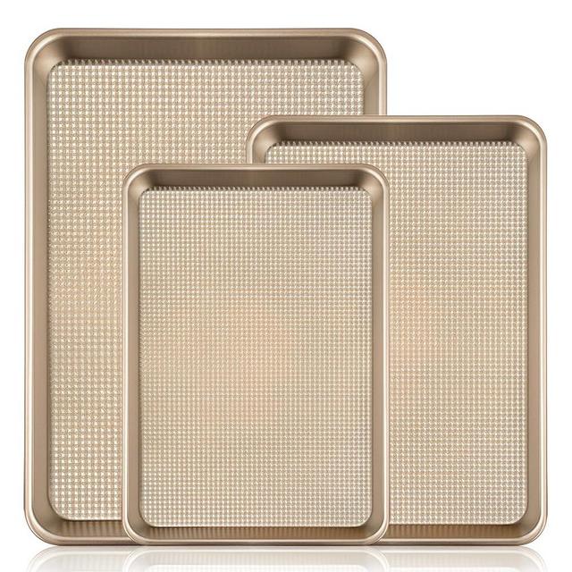 Vinino Non-stick Baking Sheet Set of 3, Cookie Sheets For Baking with Square Texture Pattern, Thicker Carbon Steel Slick Half/Quarter/Jelly Roll Pans Tray for Oven