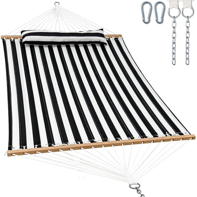 GAFETE Hammock 2 Person Quilted Fabric Hammocks for Outside, Double 12ft Hammocks with Spreader Bar, Large Removable Pillow, Storage Bag, Carabiners, Max 475 lbs Capacity (Black White)