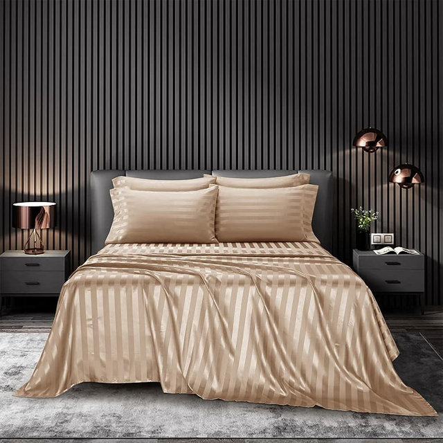 AiMay 4 Piece Queen Size Satin Bed Sheet Set Striped Italian Style Deep Pocket Solid Color 1800 Series Luxury Silky Super Soft 1 Flat Sheet 1 Fitted Sheet 2 Envelope Pillowcases(Taupe, Queen 4pc)