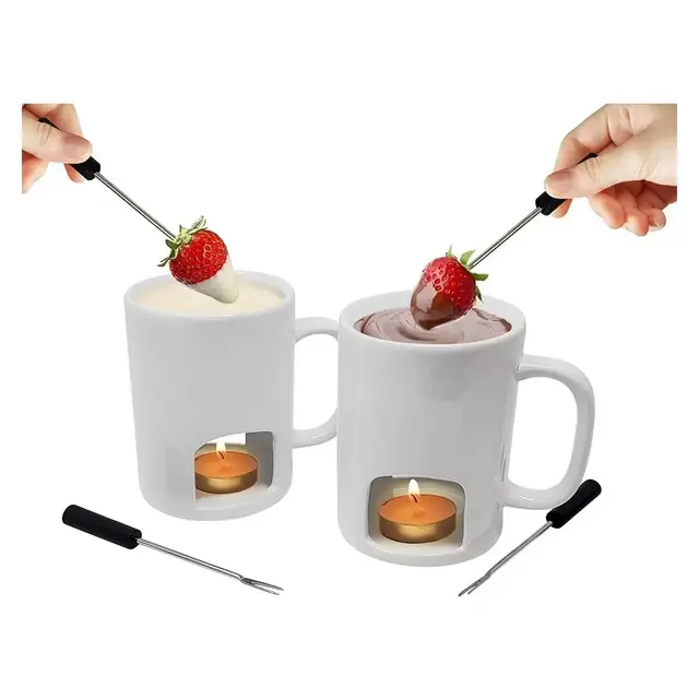 KOVOT Personal Fondue Mugs Set of 2 | Ceramic Mugs for Chocolate or Cheese | Includes Forks and Tealights | White