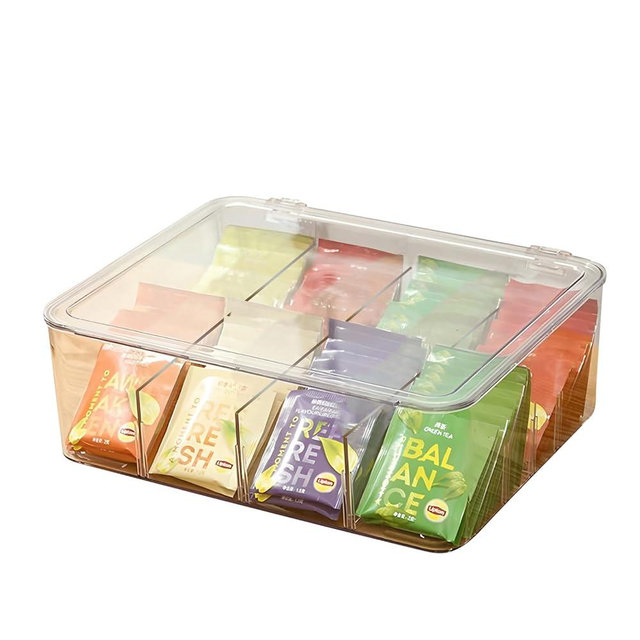 zooyeea Tea Bag Organizer with Lid, 8 Compartment Clear Acrylic Tea Storage Container, Portable Tea Caddy for Home/Office/Travel Organizer (1 PACK)