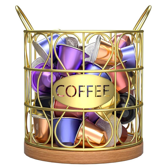 APOIMNA K Cup Holder for Counter - Coffee Pod Holder Storage for Counter - Coffee Basket Decor for Coffee Bar Accessories Decor(Round Gold-03)