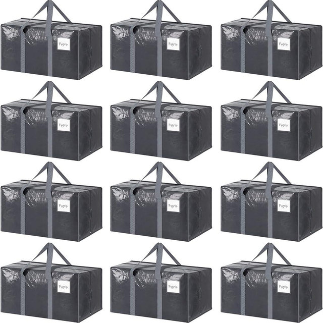 12 Pack Extra Heavy Duty Large Moving Bags with Strong Zipper & Comfortable Handles, Sturdy & Durable Clothes Storage Bags Totes Bins, Packing Moving Boxes for College Supplies, Gray