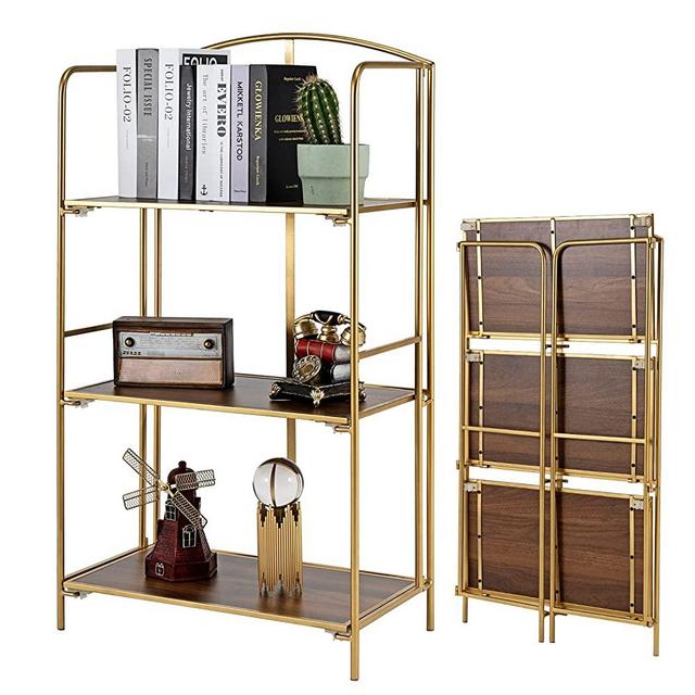 Crofy No Assembly Folding Bookshelf, 3 Tier Bookcase, Premium Metal Shelves for Storage, Vintage Bookshelf for Office Organization and Storage, 42.13" H x 22.44" W x 12.6" D (Gold, 3 Tier)