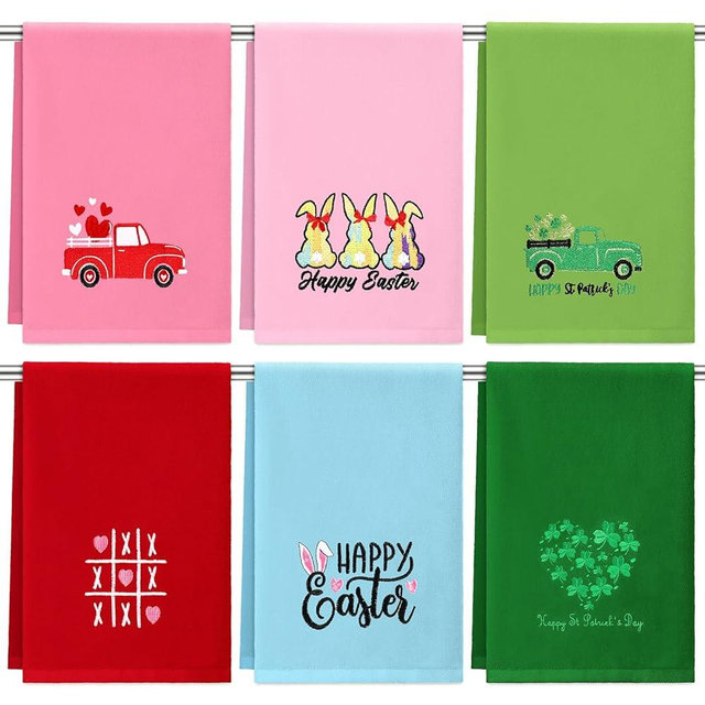 SmoothNovelty 6 Pcs Seasonal Bathroom Hand Towels Gift Set Valentine's Day St. Patrick's Day Easter Holiday Bath Towels 29.5 x 13.8 Inch 100% Cotton Spring Holiday Farmhouse Decorative Decor