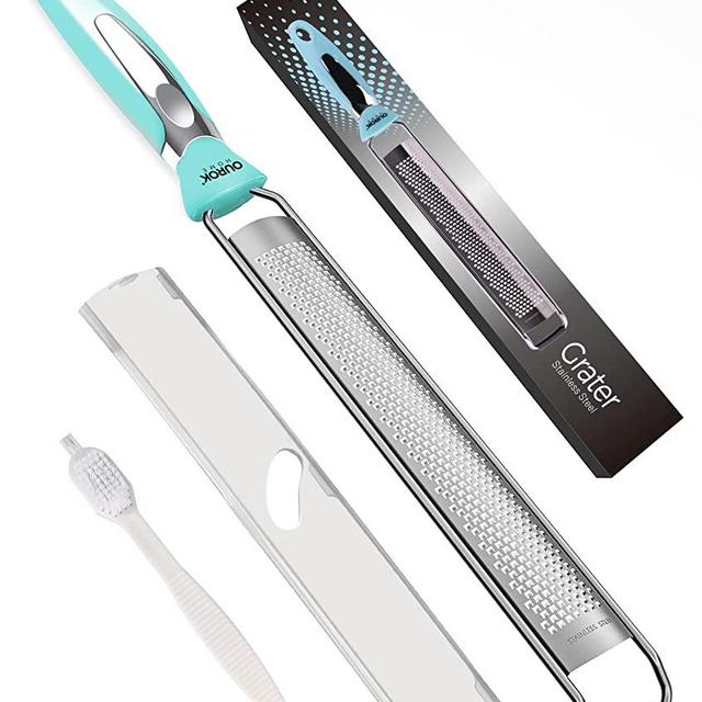 Lemon Zester Parmesan Cheese Grater, Ourokhome Stainless Steel Zester Grater for Coconut, Citrus, Lime, Ginger, Garlic, Nutmeg, Chocolate, Vegetables, Fruits with Cleaning Brush, Dishwasher Safe, Blue