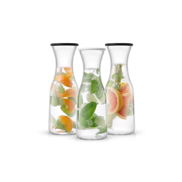 JoyJolt Hali Glass Carafe Bottle Water or Juice Pitcher with 6 Lids - 35 oz - Set of 3