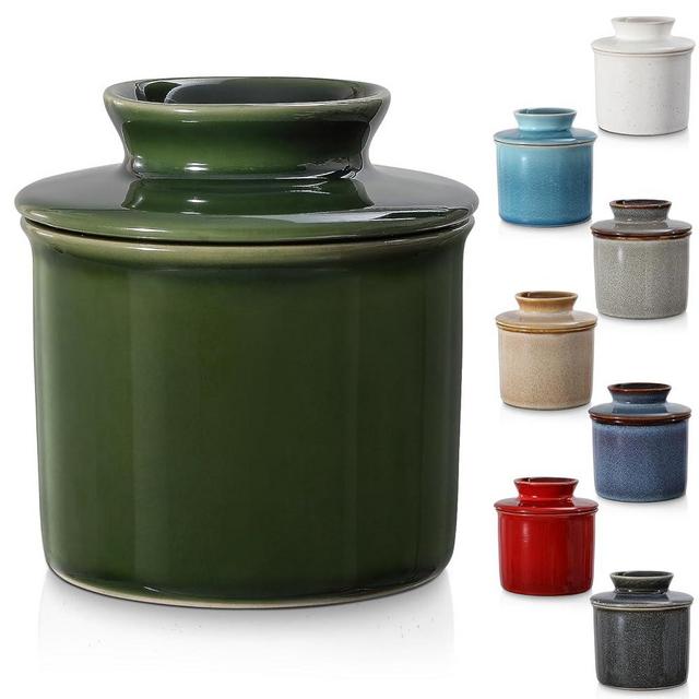 Green French Butter Dish，Handmade Reactive Glaze Ceramic Butter Crock with Water Line for Speradable Fresh Butter