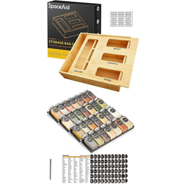 SpaceAid Bag Storage Organizer (1 Box 4 Slots), SpaceAid Spice Drawer Organizer with 28 Spice Jars
