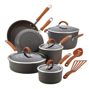 Rachael Ray Cucina Hard-Anodized Aluminum Nonstick Cookware Set, 12-Piece, Gray, Pumpkin Orange Handles
