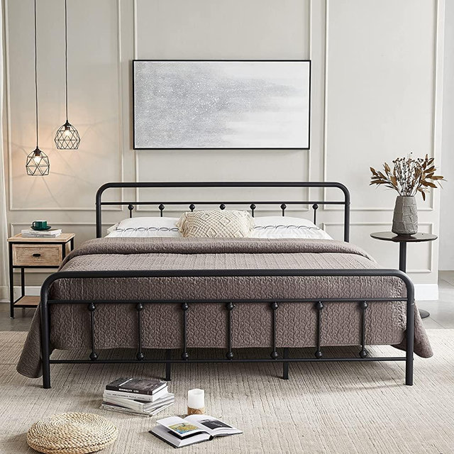H HESTINYSUSMetal Bed Frame with Vintage Headboard and Footboard, Premium Stable Steel Slat Support Mattress Foundation, No Box Spring Needed and Easy Assembly, Gray Black (King).
