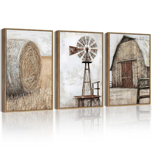 Drsoum Farmhouse Wall Art Vintage Rustic Windmill Barn Cornfield Pictures Framed Painting Landscape Countryside Rural Canvas Artwork Home Decor Ready to Hang 11x14in - Natural Framed