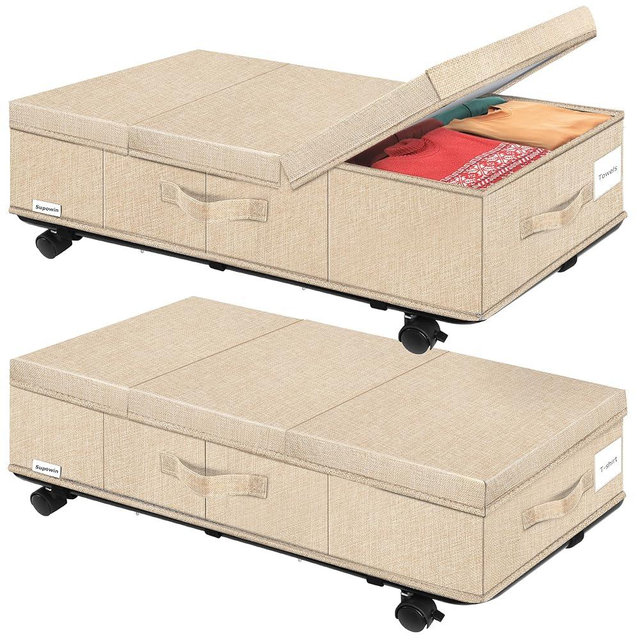 Supowin Under Bed Storage with Wheels, Rolling Underbed Storage Containers with Lids, Under Bed Shoe Storage Bins Organizer with Reinforced Metal Bottom Support and Three Handles, 2 Pack Khaki