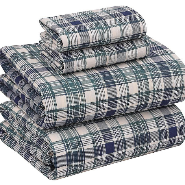 RUVANTI 100% Cotton King Size Sheets Set, 4 Pieces, Soft & Breathable Percale Weave Bedding, Deep Pocket 16", Hotel Standard, Crisp Cool Feel, Durable, Perfect Plaid Bed Sheet, Greenish Blue Plaid