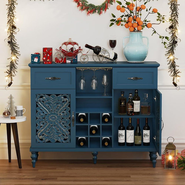 ARTPOWER 47.2" Vintage Wine Bar Cabinet with 2 Hollow Carved Door, Antique Liquor Cabinet with 9 Wine Racks and Glass Holder, Coffee Bar Organizer with Storage for Home, Living Room, Blue