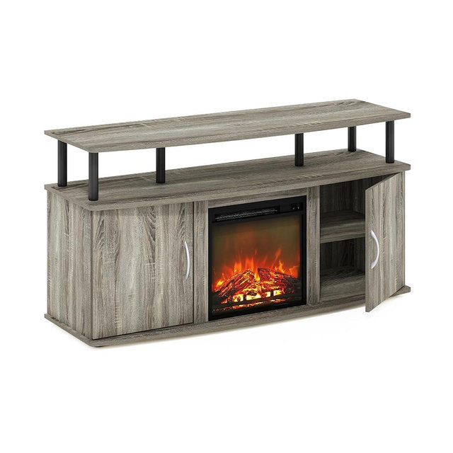 Furinno Jensen Living Room Fireplace TV Entertainment Center with Doors Storage Cabinet for TV up to 55 Inch, French Oak Grey/Black