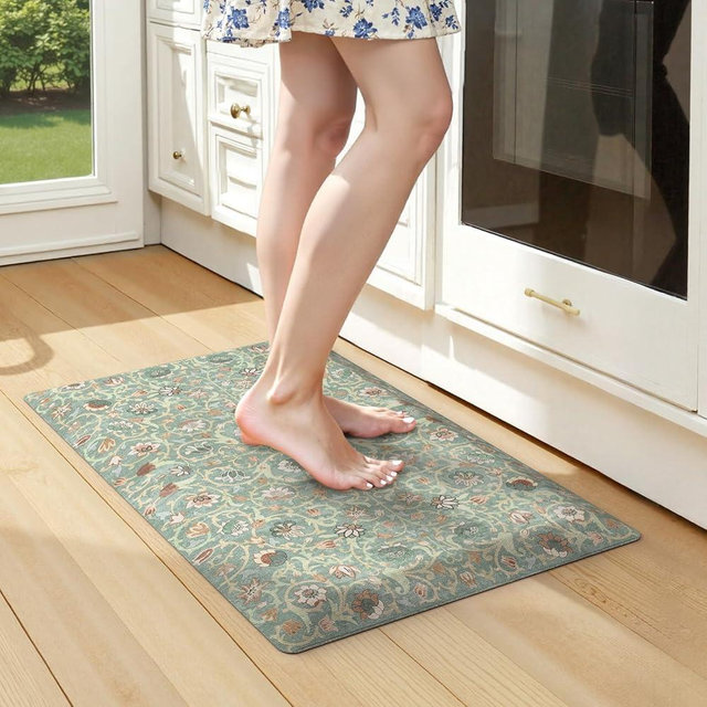 KIMODE Comfort Kitchen Mats for Floor Cushioned Anti Fatigue,Farmhouse Floral Spring Sink Rug Non Slip for Laundry,Memory Foam Padded Standing Desk Carpet for Office,Green 17.3"x32"