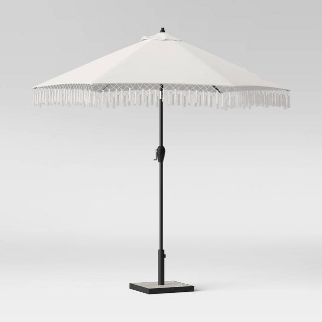 9' Round Fringed Patio Umbrella Linen - Black Pole - Opalhouse™