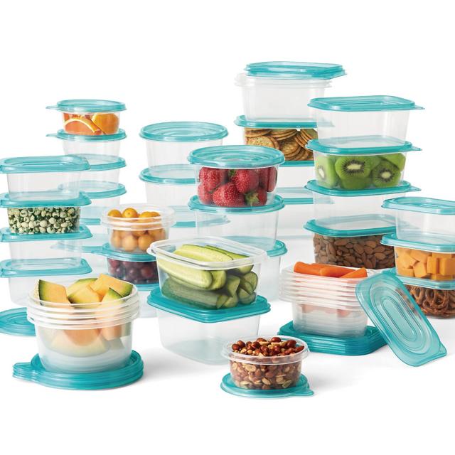 Mainstays 92 Piece Plastic Food Storage Container Set, Clear Container, Transparent Blue Lid, Assorted Sizes - 46PK