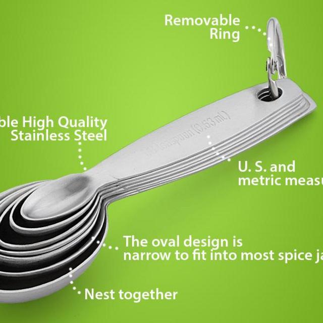 Spring Chef Measuring Spoons, Heavy Duty Oval Stainless Steel Metal, for Dry or Liquid - Fits in Spice Jar, Set of 7