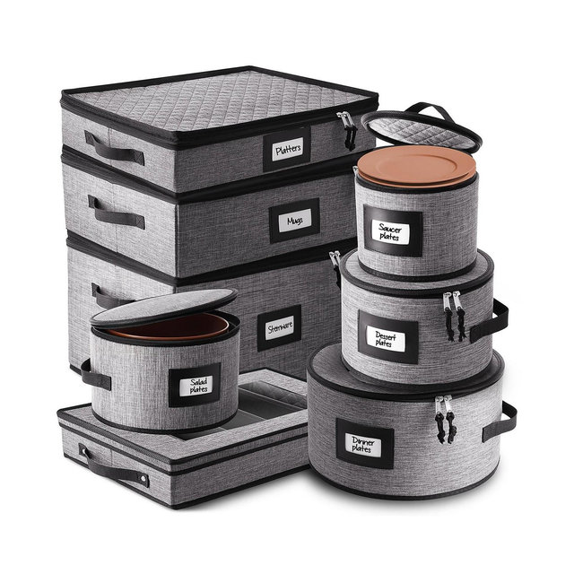 8 Piece Hard Shell Complete Dinnerware Storage set - Holds 12 Servings of Plates, cups, Platters, stemware and cutlery