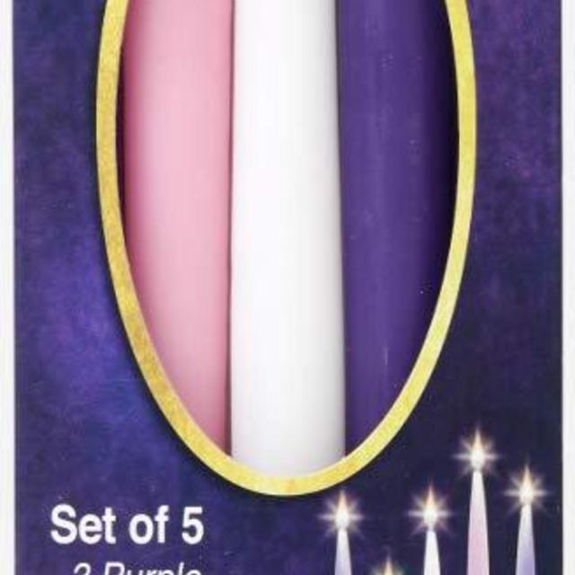Christmas Advent Candles (Set of 5) - 10" Wax Taper Candles by Vermont Christmas Company - 3 Purple, 1 Pink, 1 White