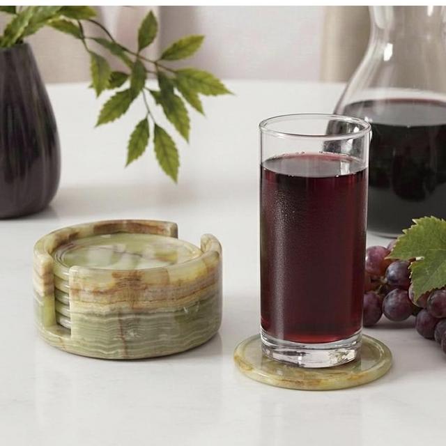Marble Coasters Set of 6 Green Onyx 3.5 Inch Round Coaster for Drinks with Holder, Drink Coaster for Tabletop & Coffee Table Decor, Ideal Home Decor