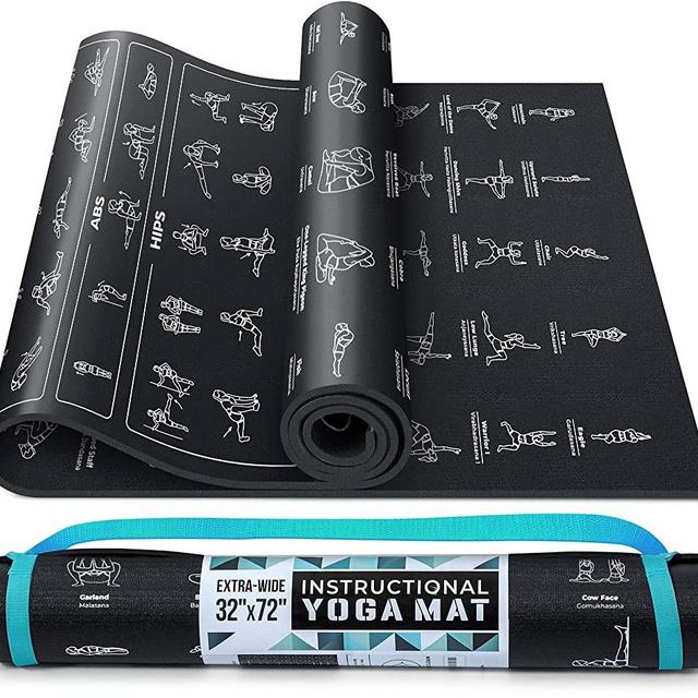 Instructional Yoga Mat with Poses Printed On It & Carrying Strap - 75 Illustrated Yoga Poses & 75 Stretches - Cute Yoga Mat For Women and Men - Non-Slip, 1/4" Extra-Thick Yoga Mat For Beginners