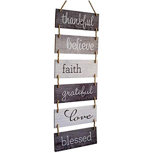 Excello Global Products Large Hanging Wall Sign: Rustic Wooden Decor (Grateful, Love, Believe, Thankful, Faith, Blessed) Hanging Wood Wall Decoration (11.75" x 32")