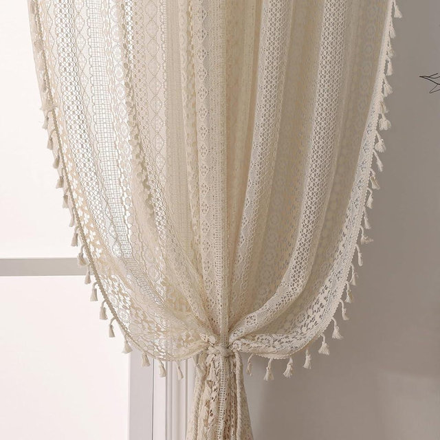WAZZIO Cottage Style Sheer Curtains 72 Inches Long 2 Panel,Rod Pocket French Country Privacy Sheer Curtain Tassel Bohemian Short Curtains for Bedroom Living Room Kitchen - Beige