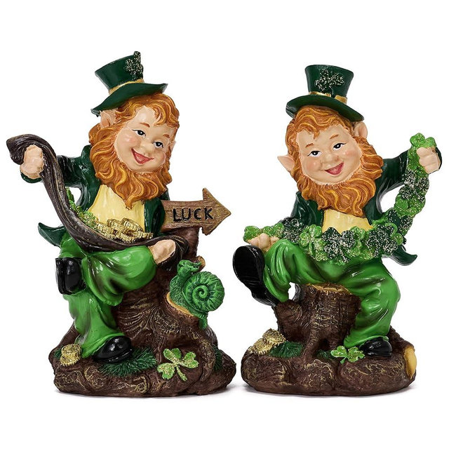 Valery Madelyn St Patricks Day Leprechaun Figurines, 2Pcs Whimsical Irish Decor with Shamrocks and Luck Sign, Large Green Resin St Patricks Gifts for Home Table or Tiered Tray Shelf Decor, 5.3 Inch