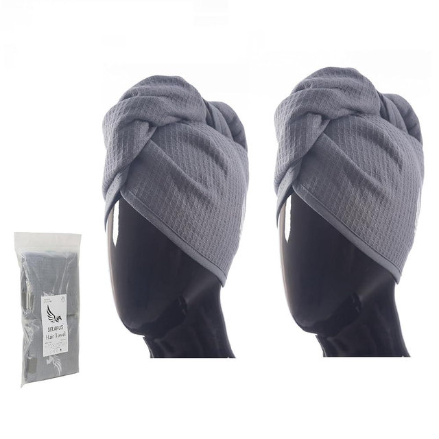 SELARUS 100% Turkish Cotton Hair Towel Wrap for Women,Non Microfiber,Super Absorbent,AntiFrizz,Plopping Hair Drying Waffle Bath Towels for Curly,Long&Thick Hairs,Head Wrap,2 Pack10x26inc (Grey+Grey)