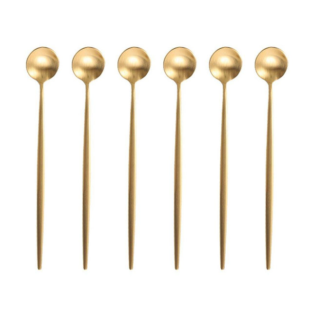 BRIIEC Gold 18/10 Stainles Steel Long Handle Ice Cream Spoon, Latte Spoon, Cocktail Stirring Spoons, Matte Finish, Dishwasher Safe, Pack of 6