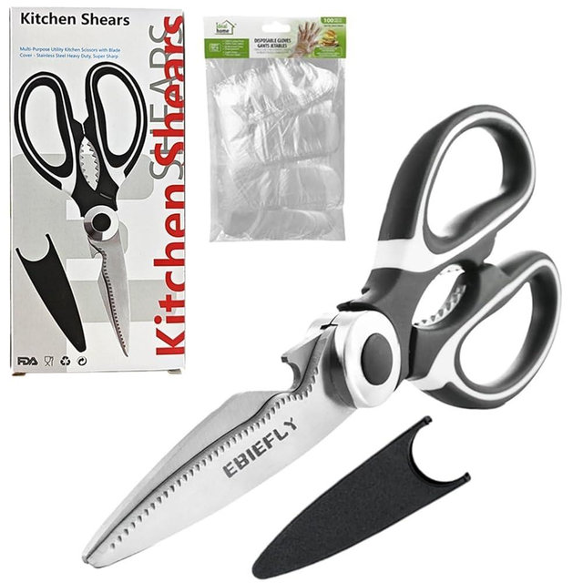 EBIEFLY Heavy Duty Kitchen Utility Scissors Professional Shears for Meat Cutting Sharp Kitchenaid Shears Multipurpose Scissor for Food Outdoor BBQ No Rust + 100 Pcs Plastic Gloves Disposable