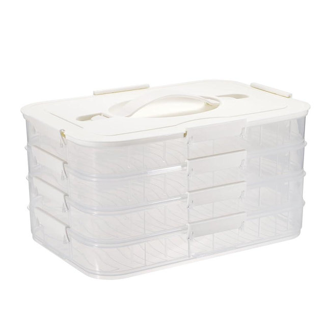 BTSKY Plastic Food Storage Container with lids, Dumpling Storage Box, Cookie Carrier Cookie Sheet with Lid, Portable Large Food Container for Snack, Fruit, Vegetables, Meat, Wontons(4-Layer, White)