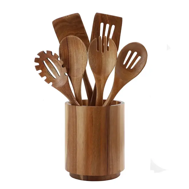 MegaChef 7 Piece Acacia Wood Kitchen Cooking Utensil Set with Crock in Dark Brown