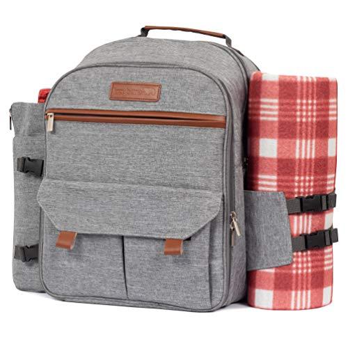 Lazybare Picnic Backpack for 4 with Blanket, Insulated Waterproof Cooler Bag for Outdoor Wine Picnic Basket Set