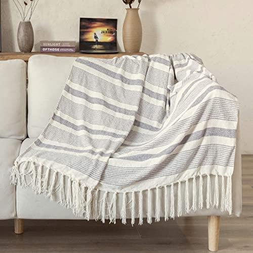 Decorative Grey Ivory Striped Throw with Fringe, Soft Chenille Knitted Farmhouse Lightweight Blanket with Tassels for Couch Sofa Chair Bed Office Home Décor, 50" x 60"