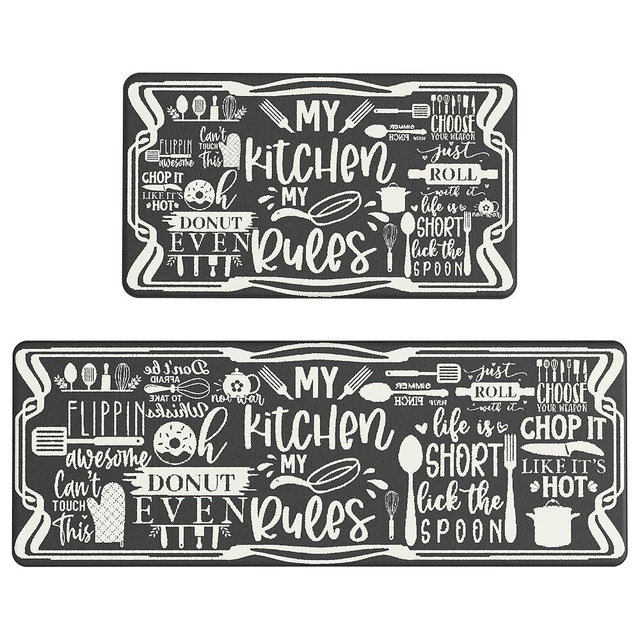 GENIMO Anti Fatigue Kitchen Mats for Floor, Non Slip Washable Kitchen Rules Theme Rugs sets of 2, Farmhouse Cushioned Waterproof Comfort Runner Rug for Kitchen, Sink, Laundry, 17"x 47"+17"x 30", Black