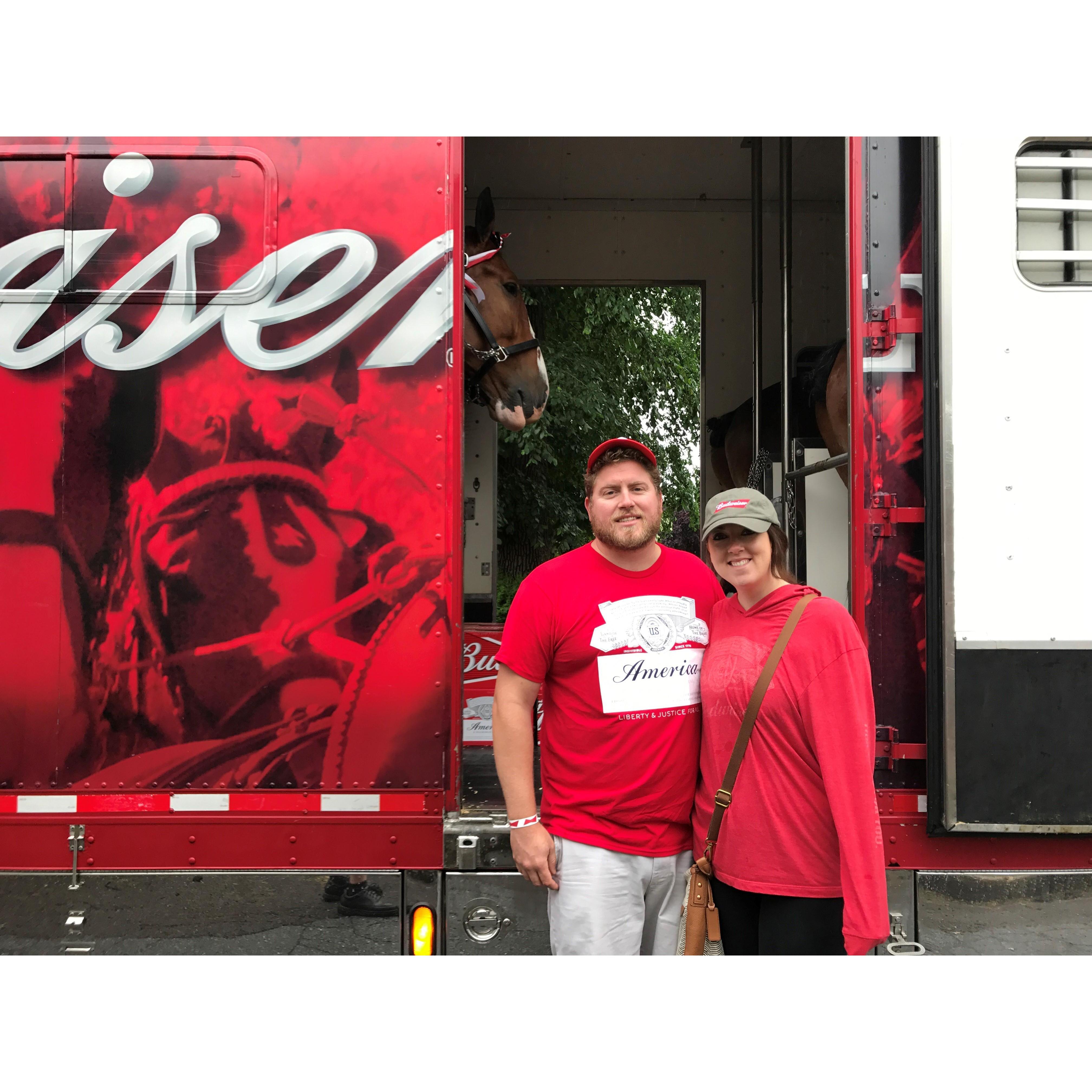 One month into our relationship and John's already helping work in the beer biz! Budweiser Clydesdales during Memorial day Parade in Pottstown