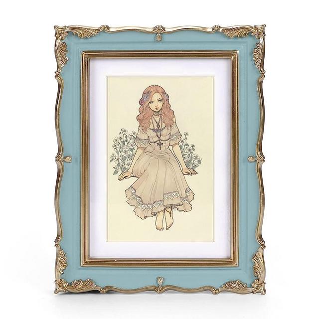 PHAREGE Blue Gold Vintage Frame for 5x7 inch Picture, Ornate Antique Frame with Mat for 4x6 inch Photo, Horizontal or Vertical, Tabletop or Wall