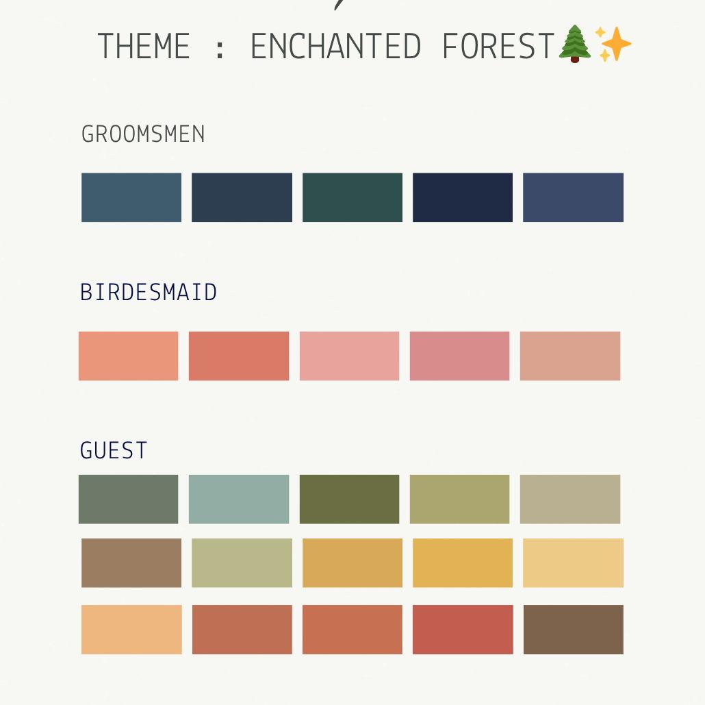 We invite guests to wear earthy, nature-inspired tones such as greens, blues and warm neutrals.  Please avoid pink tones, as these are reserved for the bridal party, as well as overly bright or neon colors.