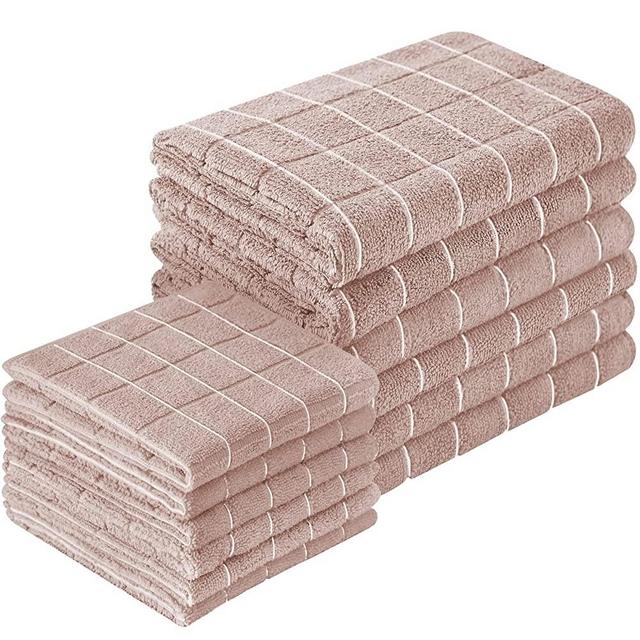 Puomue Microfiber Kitchen Towels and Dishcloths Set, 26 X 18 Inch and 12 X 12 Inch, Set of 12 Bulk Lint Free Dish Towels for Drying Dishes, Camel