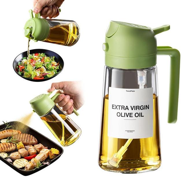TrendPlain 16oz Oil Dispenser Bottle for Kitchen - 2 in 1 Olive Oil Dispenser and Oil Sprayer - 470ml Olive Oil Bottle - Oil Sprayer for Cooking, Kitchen, Salad, Barbecue Green w/Stickers