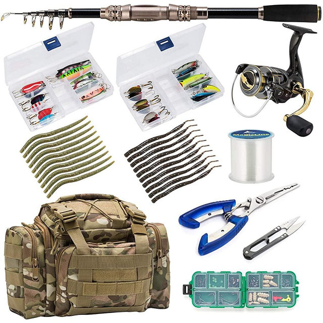 Dr.Fish Fishing Rod and Reel Combos 125pcs Full Kit Carbon Fiber Telescopic Spinning Rod 9+1BB Spinning Reel Tackle Bag Lines Lure Bait Accessories Gear Organizer 2 Size Saltwater Freshwater