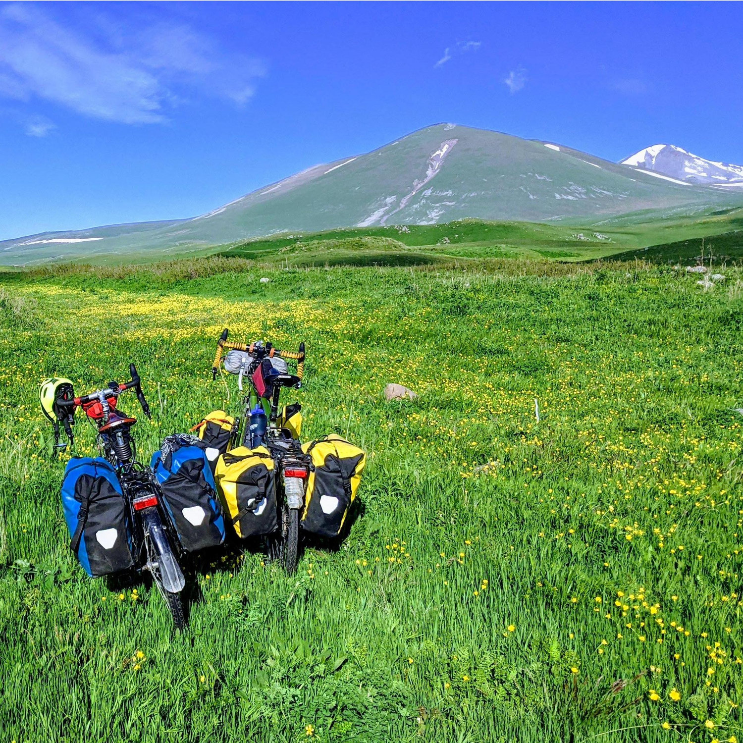 Cycling out of our campsite on Lake Paravani, Georgia, May 2021