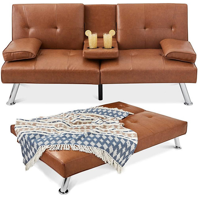 Best Choice Products Faux Leather Upholstered Modern Convertible Folding Futon Sofa Bed for Compact Living Space, Apartment, Dorm, Bonus Room w/Removable Armrests, Metal Legs, 2 Cupholders - Tan